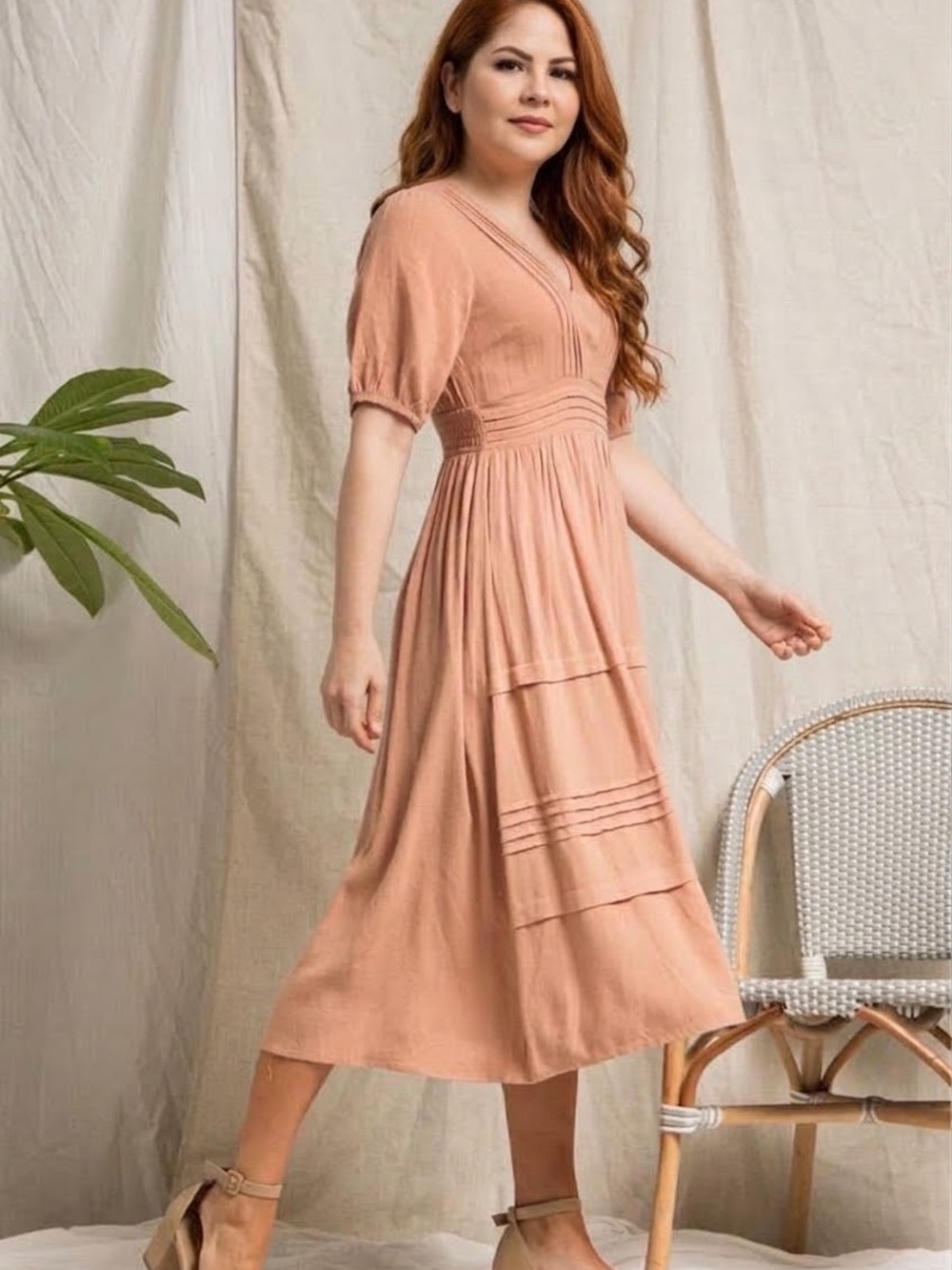 Women's V-Neck Midi Dress in Clay